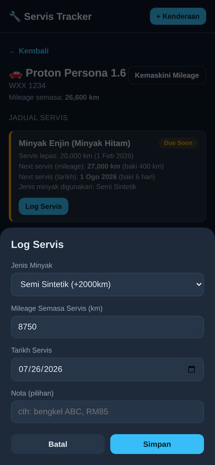 Servis Tracker: borang log servis minyak enjin